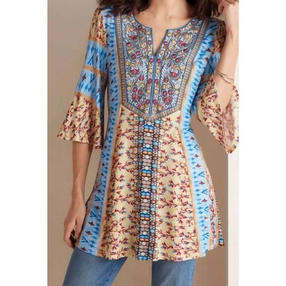 Soft Surrounding Fifi Embroidered Floral Tunic Top Colorful Bell Sleeve size L - Picture 8 of 9